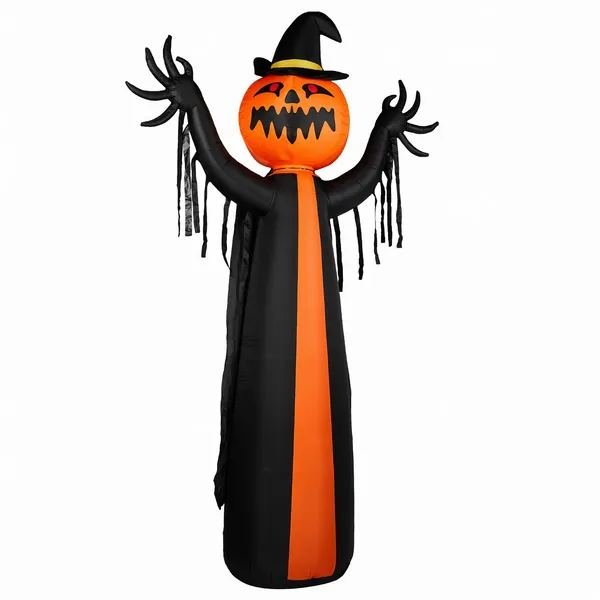 10ft Inflatable Halloween Decor With Rotatable Head Pumpkin Ghost In Cape, 6 Built-in LED Lights, Black & Orange, 12V 2000mA US Power Adapter