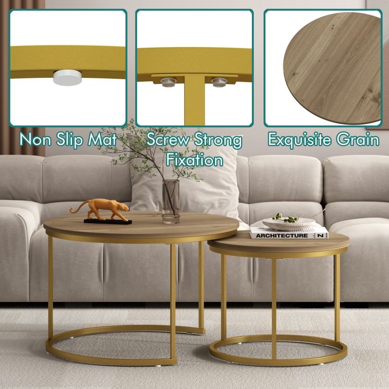 27.6in Nesting Coffee Table Set of 2, Round Coffee Table Wood Marble Pattern Top with Sturdy Metal Frame, End Table Side Tables for Living Room Bedroom Balcony Yard (Brown)