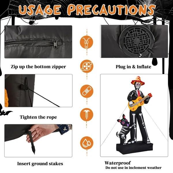 7.3ft Ghostly Musician With Dog, 6 LEDs, Black, White, Orange, Halloween Inflatable Decoration, 1500mA, 12V, US Standard
