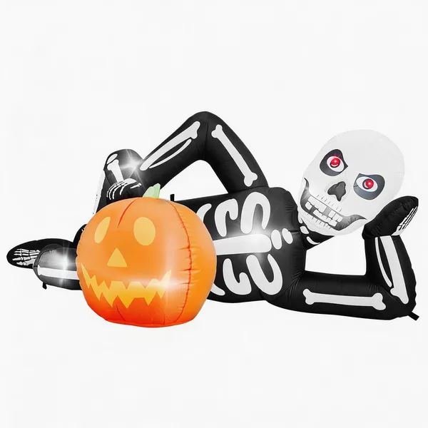 7ft Inflatable Halloween Decor With Lying Skeleton, 7 Built-in LED Lights, Black & White, 12V 1250mA US Power Adapter