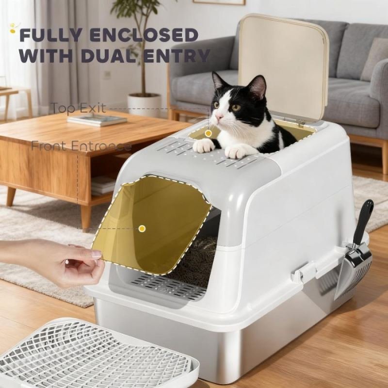 Cat Litter Box, Enclosed Cat Litter Box with Scoop, Deodorizer Bag