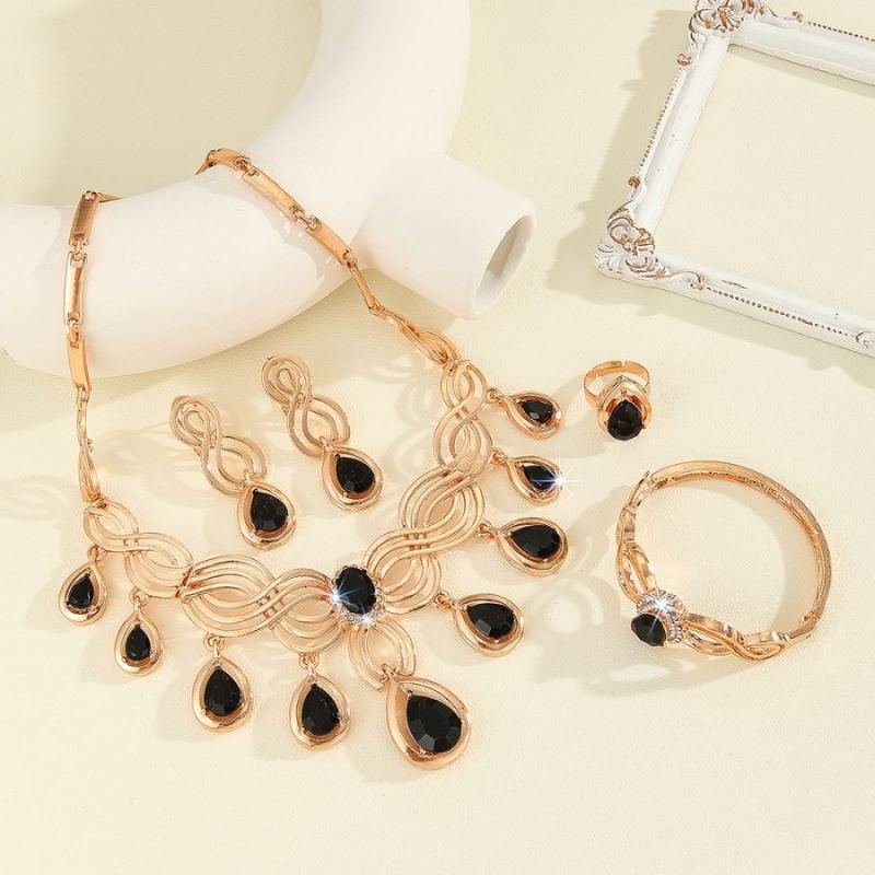 Cross-border Exaggerated Diamond-encrusted Black Resin Gold Necklace Earrings Ring Bracelet Jewelry Suit Women Wedding Jewelry