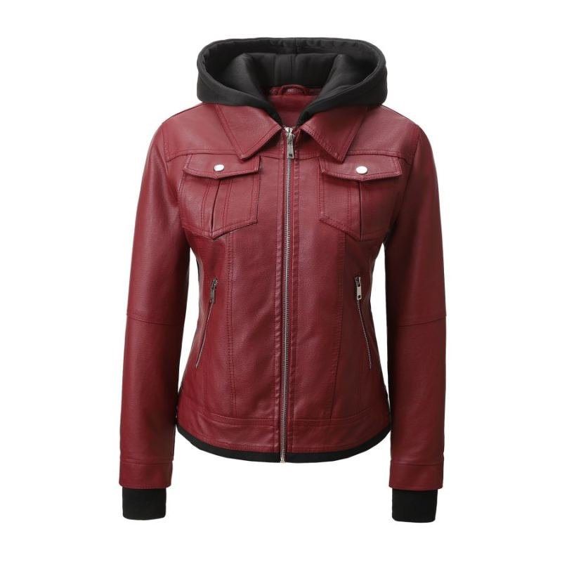 Detachable-hooded Biker Jacket Waist-cinching Faux-leather Coat That Flatters