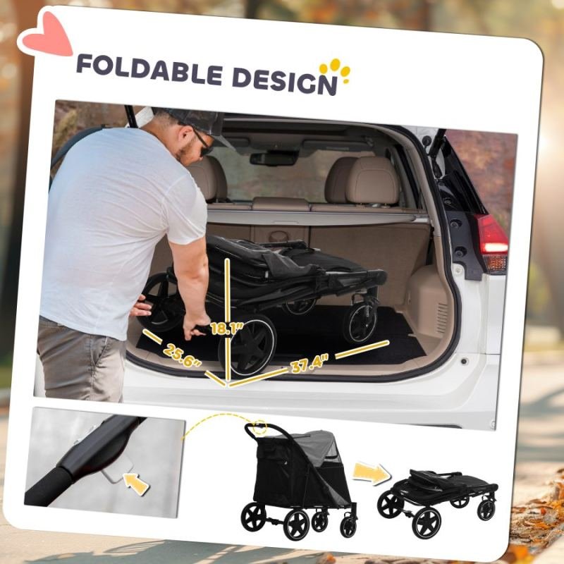 Dog Stroller For Large Medium Small Dogs Up To 66 Lbs. 23.5" In Body Length, One-Click Foldable Pet Cat Stroller With Storage, Shock Absorption Wheels, Mesh Window, Safety Leash, Gray
