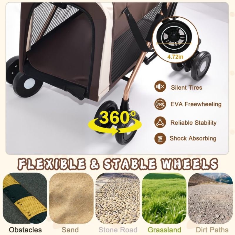 Double Pet Stroller for Dogs and Cats, Foldable Frame, 3-in-1 Convertible Carrier/Tote, Shockproof Wheels, Brake System, Fixed Safety Leashes for Small/Medium Pets in Multi-Pet Homes(Khaki)