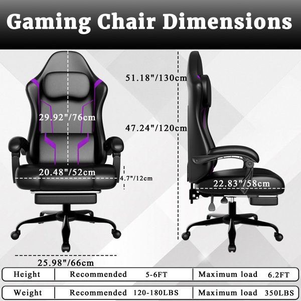 Ergonomic Gaming Chair, Video Game Chair With Pocket Spring Cushion And Footrest, Height Adjustable Computer Chair With Swivel Seat And Headrest  Faux Leather, Purple