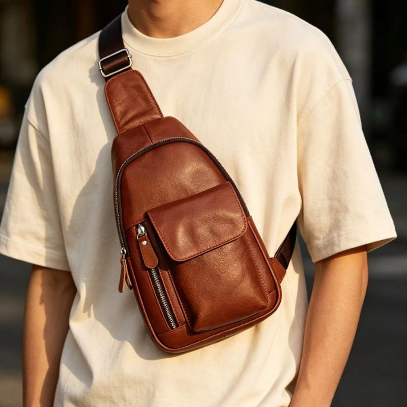 First-Layer Cowhide Retro Genuine Leather Chest Bag, Simple And High-End Men's Casual Crossbody Bag, Multi-Functional Bag, Shoulder Bag