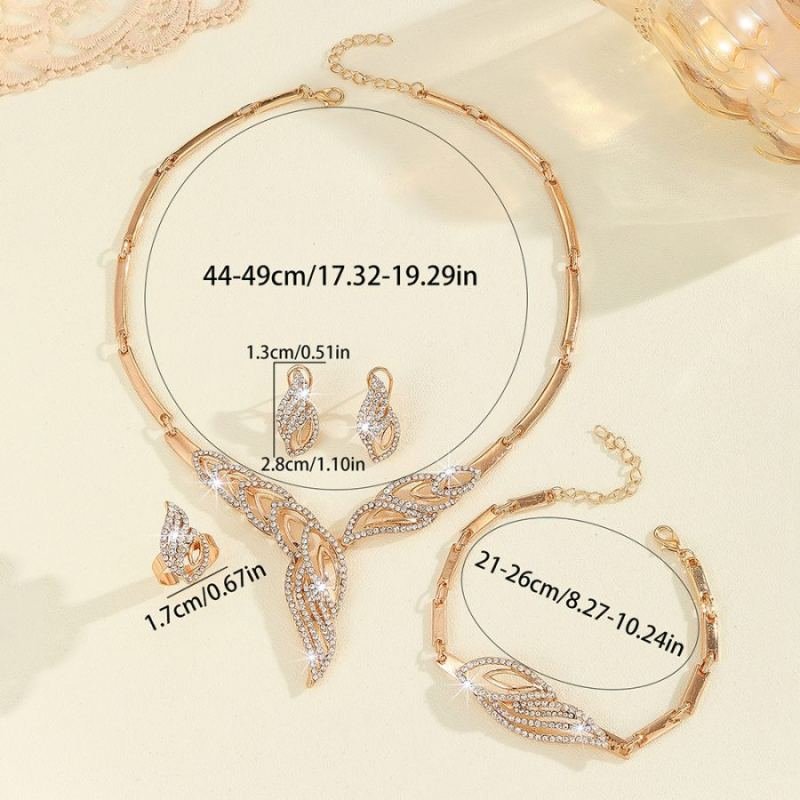 Hot-Selling In The European And American Markets, Diamond-Encrusted Gold Leaf Necklace, Earrings, Ring, And Bracelet Four-Piece Set For Women's Wedding Accessories