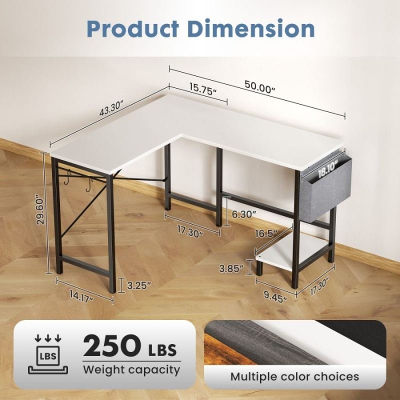 L Shaped Computer Desk With Storage Bag And CPU Holder, Reversible Corner Office Desk, Workstation For Gaming Study Home