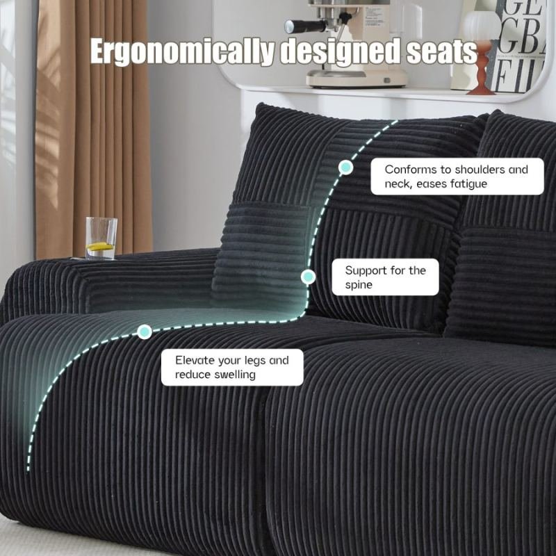 Modular 2-Seater Corduroy Sofa, Freely Configurable And Vacuum-packed, Featuring Built-in Cup Holders And Side Storage Pockets. Ideal For Living Rooms, Family Rooms, And Other Spaces.Black.