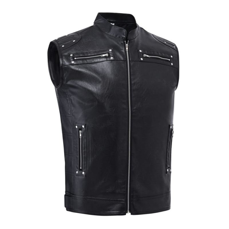 Motorcycle Stand-collar Leather Zip Vest