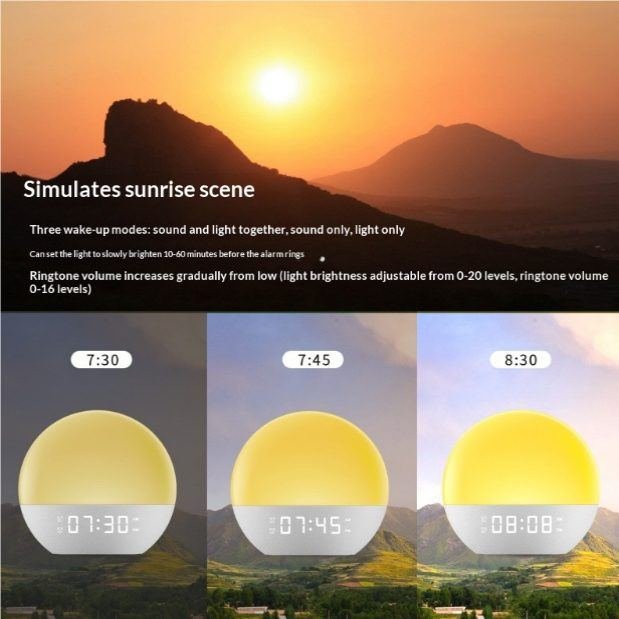 Multifunctional White Noise Wake-Up Light Sunrise Alarm Clock With LED Color-Changing Ambiance