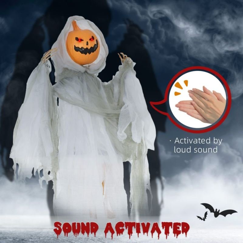 Outdoor Halloween Hanging Pumpkin Ghost w/ Light Up Eyes, Sound Activated Prop w/ Creepy Howling Sounds