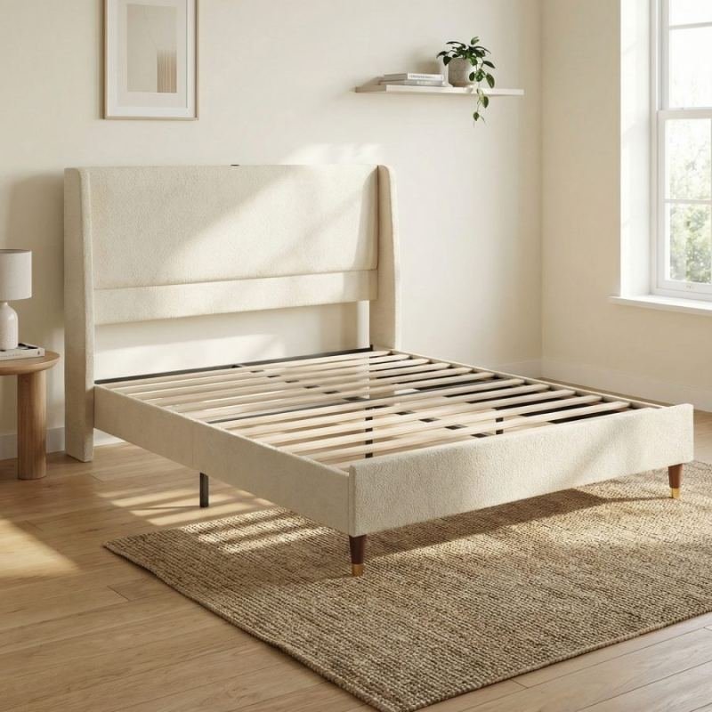 Queen Size Bed Frame With Upholstered Headboard, Linen Fabric Platform Bed Frame With USB Charging Ports, Grey