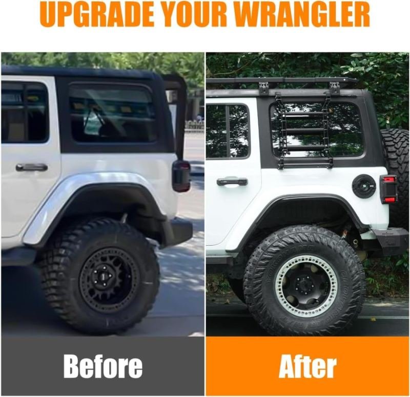 Rear Window Ladder Compatible With 2018-2025 Je Ep Wrangler JL JLU 2 Door 4 Door, Heavy Duty Aluminum Alloy Roof Access Ladder Rack, 200LBS Load Capacity Multifunctional Flank Luggage Ladder Kit