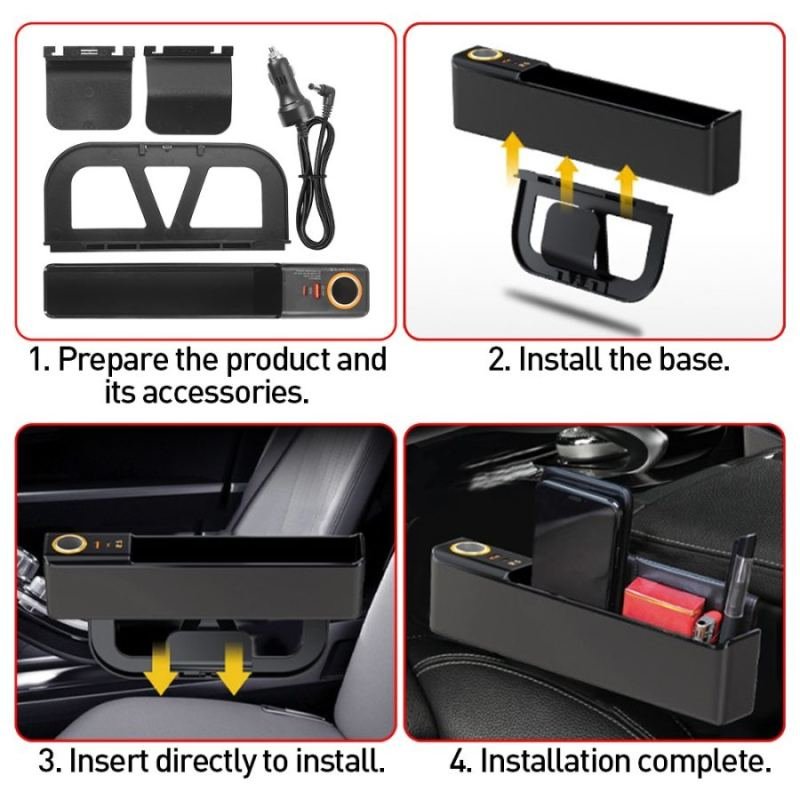 Rechargeable Seat Gap Storage Box Phone Holder Organizer Black Car Accessories