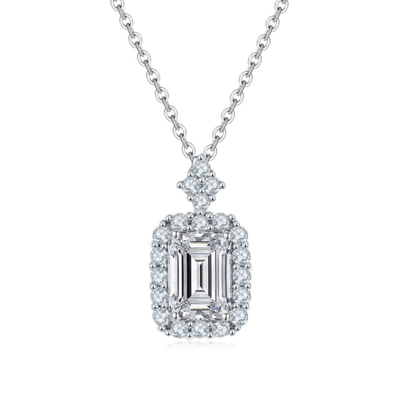 S925 Sterling Silver 1.0ct Emerald Cut Moissanite Necklace Halo Pave D Color VVS1 GRA Certified 45cm Gift Box