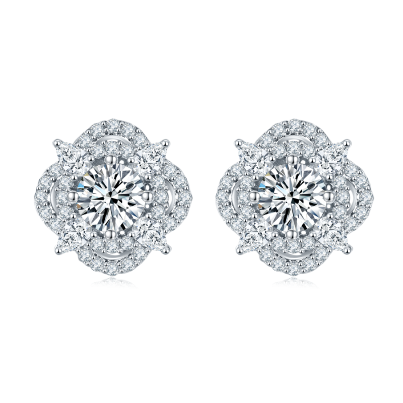 S925 Sterling Silver 1ct D Color VVS1 Moissanite Flower Stud Earrings 11.6mm Pave GRA Certified Gift Box