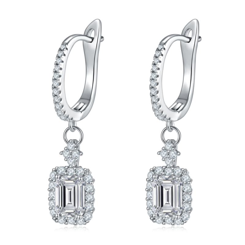 S925 Sterling Silver 2.0ct Emerald Cut Moissanite Hoop Dangle Earrings D Color VVS1 Silver Rose Gold Plated GRA Certified Gift Box