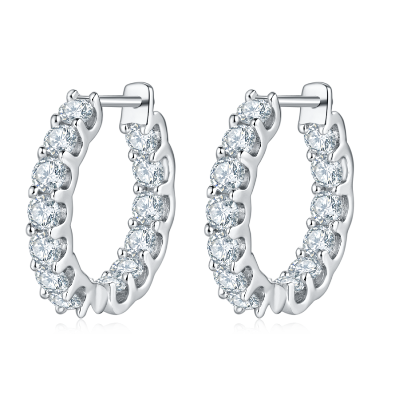 S925 Sterling Silver D Color VVS1 Moissanite Hoop Earrings 20mm Single Row Pave Platinum Plated GRA Certified Gift Box