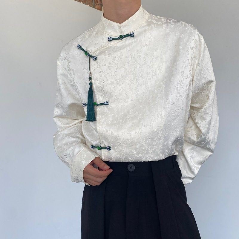 Satin Jacquard Stand-up Collar Long-sleeved Shirt