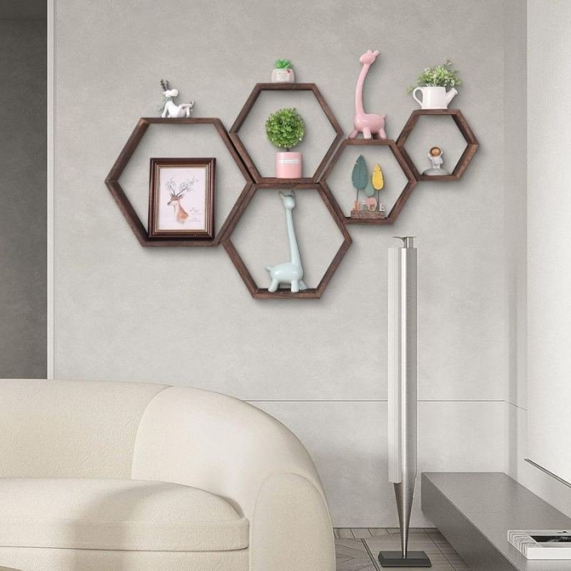 Set Of 5 Hexagonal Wall Shelves, Corner Shelves - Wooden Decorative Shelves For Home Decor Items - In Stock