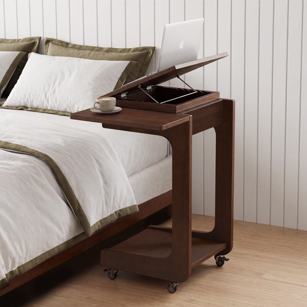 Solid Wood C Shaped End Table, Rolling Side Table With Adjustable & Foldable Desktop, Couch Table With Laptop Stand For Couch, Living Room, Bedroom, Office Walnut