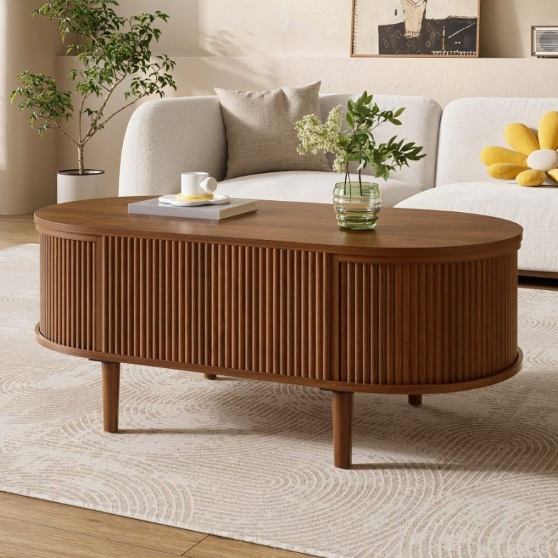 Vertical Stripe Texture Height-Adjustable Oval Coffee Table With Storage, MDF