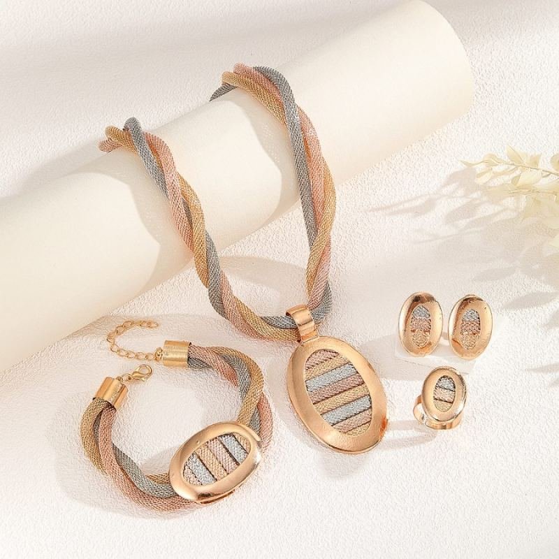 Women Tri-Color Woven Snake Bone Oval CZ 4Pcs Jewelry Set, Multi Tone Plated Necklace Earrings Ring Bracelet Matching Kit