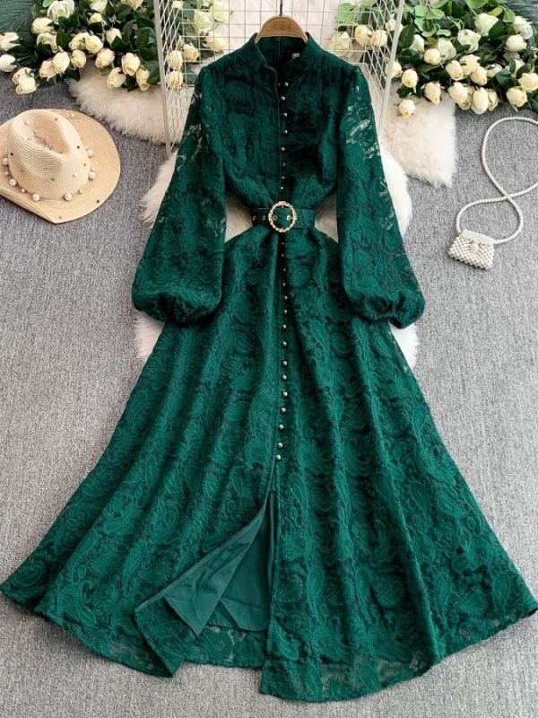 Womens Retro Lace Stand-Neck Lantern-Sleeve Dress